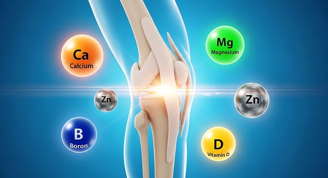 Human knee bone structure with essential mineral and vitamin supplement elements