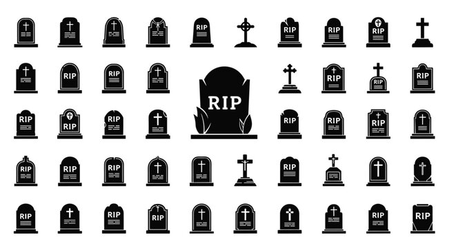 Large collection of gravestone silhouettes and cemetery markers in various shapes including those with RIP text and crosses for spooky designs.