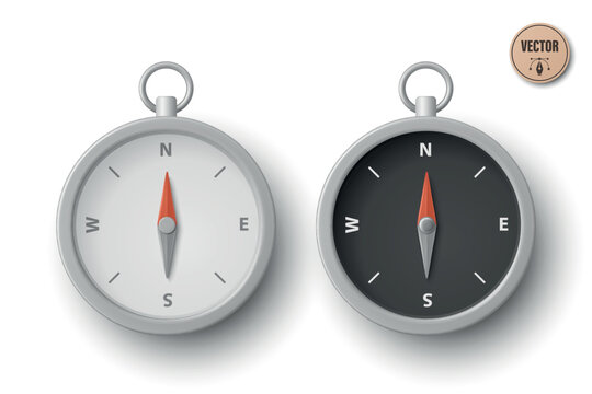 3d Compass Set Vector Illustration. Black and White Magnetic Compass Icons Isolated. Navigation Instrument Collection. Direction and Travel Symbol Design