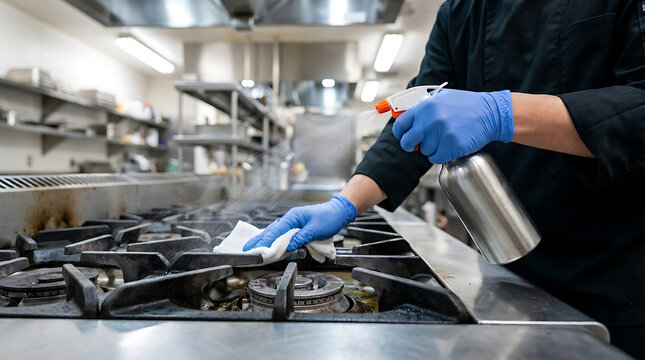 Professional kitchen staff wearing blue nitrile gloves cleaning a commercial gas stove with a spray bottle and cloth in a restaurant kitchen.