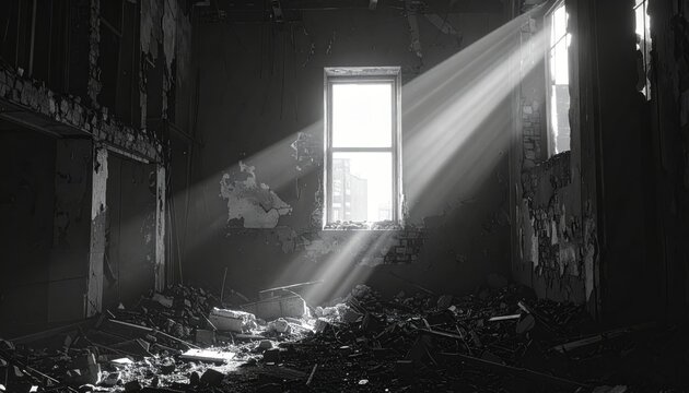 Single unbroken window amid destruction with light rays