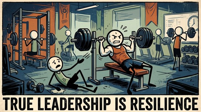 A cartoon illustration of stick figures in a gym, one struggling with a heavy bench press while a spotter looks on, with the text 'TRUE LEADERSHIP IS RESILIENCE'.