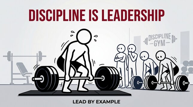 An illustration showing a disciplined person lifting heavy weights, leading by example, as others observe and then begin their own workout, emphasizing that discipline is leadership.