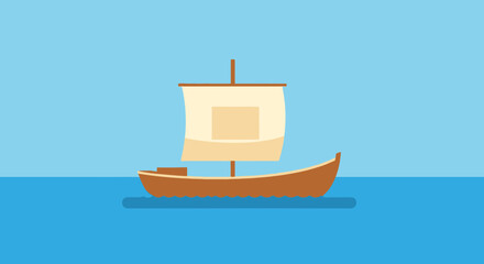 Ancient Sailing Ship on Blue Water - Flat Vector Illustration © zakel