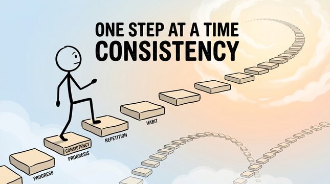 A stick figure walks up a path of stepping stones labeled with words like progress, repetition, and habit, illustrating the concept of consistency and achieving goals one step at a time.