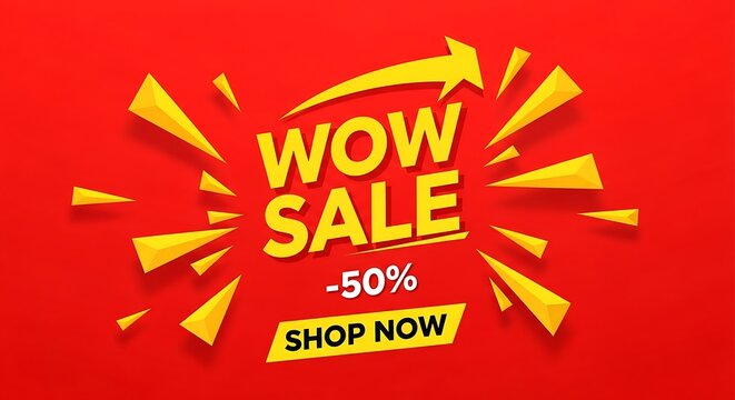 Vibrant Wow Sale 50 Percent Off Advertisement with Eye Catching Geometric Shapes and Arrow