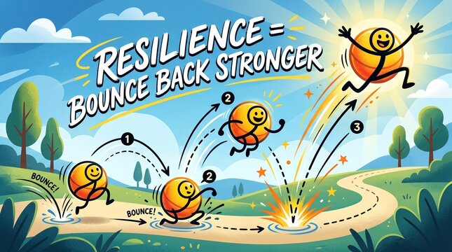 Cartoon illustration showing an orange character bouncing back stronger after facing challenges, symbolizing resilience and personal growth on a winding path.