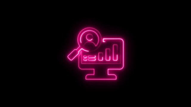 Neon pink computer monitor with magnifying glass and data analysis on screen business intelligence market research
