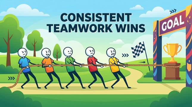 Five stick figures demonstrating consistent teamwork by pulling a rope towards a goal and trophy, illustrating the concept that teamwork leads to success.