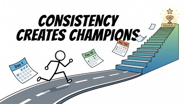 A stick figure runs on a winding road towards a trophy atop a staircase, with calendars marking progress, illustrating the concept that consistency creates champions.