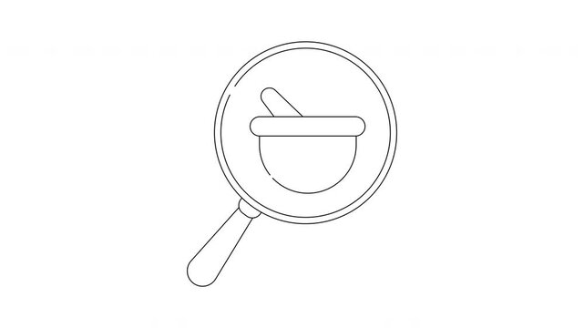Magnifying glass over mortar and pestle icon symbolizing research.