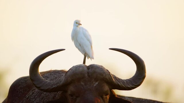 A Cattle Egret (Bubulcus ibis) sitting on back of a wild African Cape Buffalo in Chobe National Park, Botswana, South Africa. 