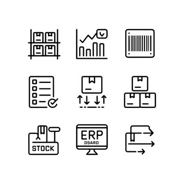 Warehouse inventory management icons, ERP software and logistics supply chain symbols, black line vector set for business stock control