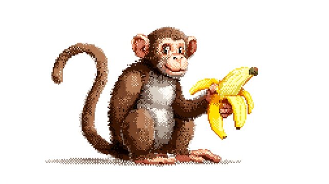 Retro Pixel Art Cute Monkey Character Holding Big Yellow Banana.