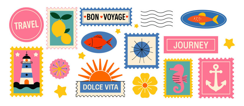 Travel journey stickers in retro cartoon style. Vintage stamp elements: suitcase, lighthouse, fish, anchor, sun, bon voyage labels, decorative frames. Vacation and adventure concept