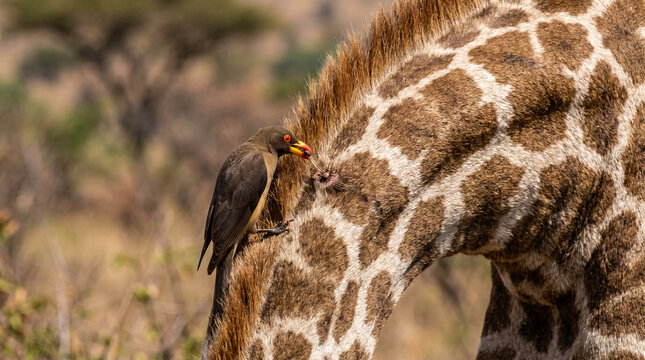 Close up from an Yellow-billed oxpeckers (Buphagus africanus) picking off insects and parasites on a giraffe's body in the Pilanesberg Game Reserve, South Africa.
