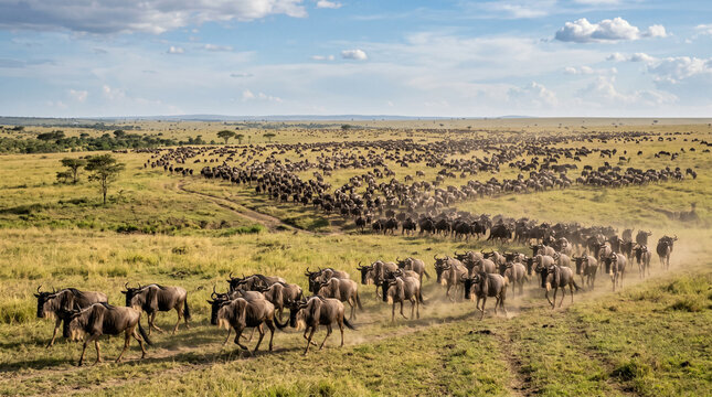 Wildebeest aka Gnu Huge Herg in Migration on Grassland in African Savanna, Tanzania.
