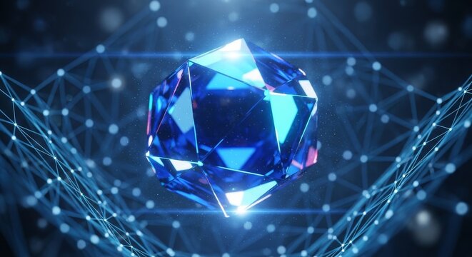 

A brilliant 3d blue diamond crystal gem with a shiny light pattern creates a luxury gemstone heart shape design for this abstract jewelry art illustration on a black background