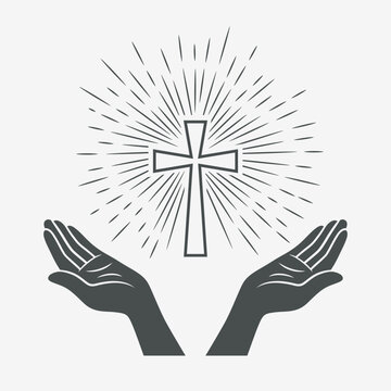 Vector Black and White Open Hands Silhouette with Cross and Rays. Symbol of Faith and Prayer. Design Template for Church Logo. Prayer, Religion Concept. Monochrome Cut Out Icon. Vector Illustration