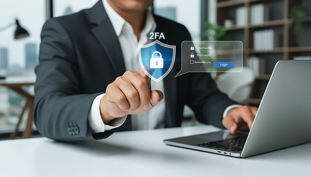 Businessman using 2FA two factor authentication for secure login on laptop computer