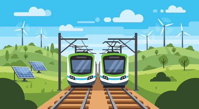 Eco-friendly electric trains on railway tracks with wind turbines and solar panels in green landscape