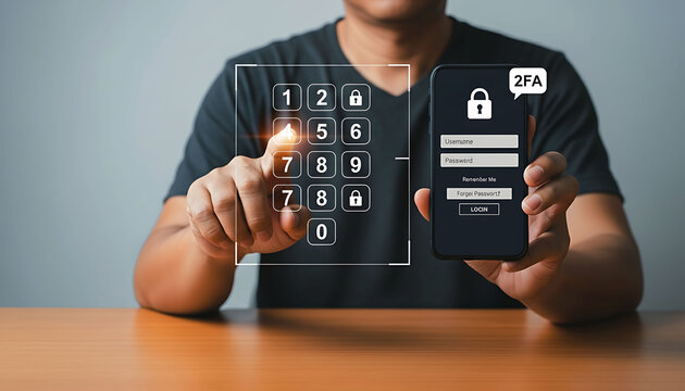 Businessman using 2FA two factor authentication for secure login and data privacy