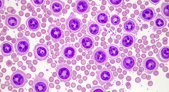 Microscopic view of acute myeloid leukemia cells in blood smear sample