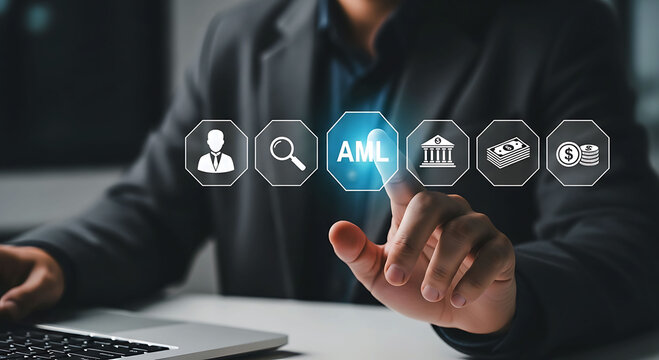 Anti Money Laundering Concept with AML Icon and Financial Security Icons
