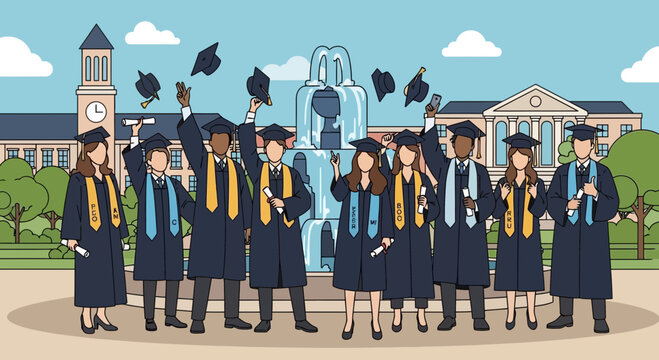 Diverse Graduates Celebrate Graduation Outdoors with Caps Tossed in Air