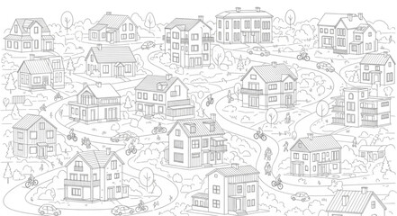 Fototapeta premium Sketch of a Charming Neighborhood with Houses and Trees.