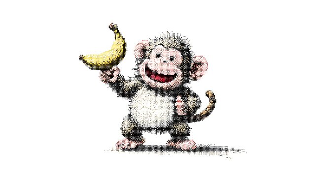 Retro Style Pixel Art Monkey Character Holding a Large Banana.