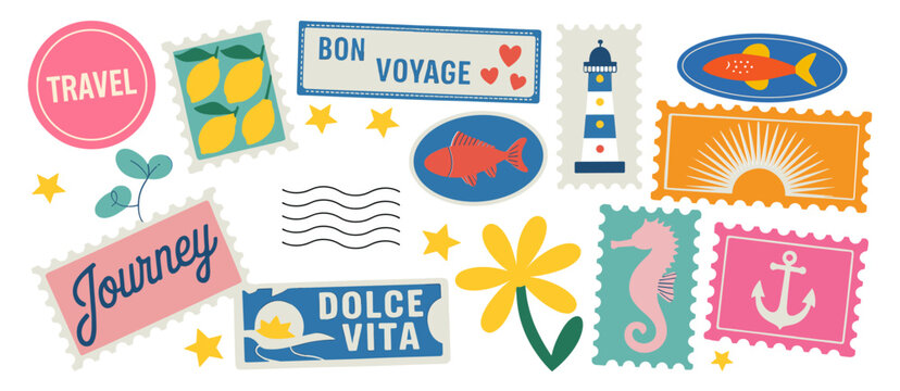Travel journey stickers in retro cartoon style. Vintage stamp elements: suitcase, lighthouse, fish, anchor, sun, bon voyage labels, decorative frames. Vacation and adventure concept