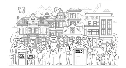 Obraz premium Sketch of Diverse Architectural Styles of Residential Buildings.