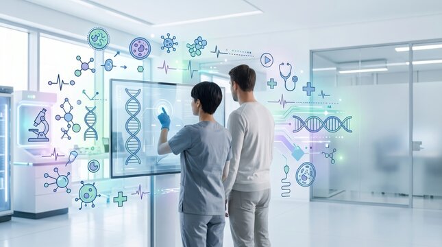 Future healthcare technology DNA analysis screen medical professionals researching genetic codes virtual interface scientific innovation laboratory environment modern clinic