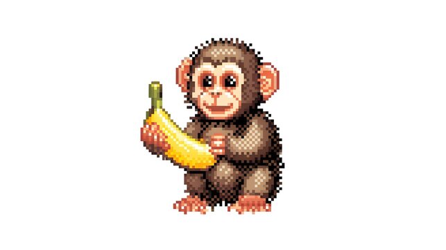Retro Pixel Art Cute Monkey Character Holding Big Yellow Banana.