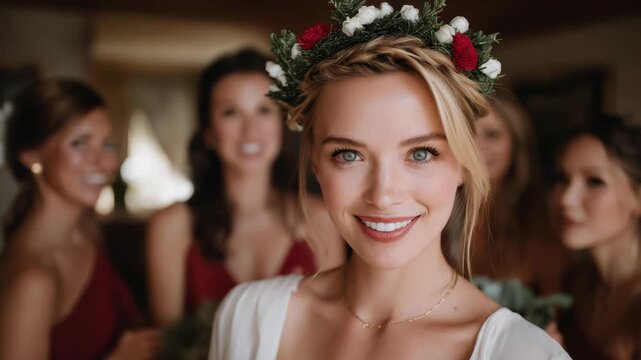 Joyful women celebrating Christmas with smiling faces and floral crowns