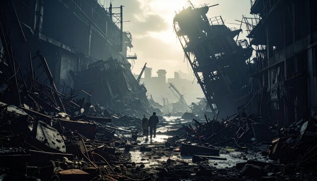 Two figures walk through a destroyed urban landscape