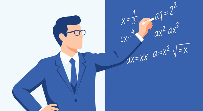Male Teacher Writing Math Equations on Blue Chalkboard - Education Concept