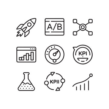 Minimalist business analytics line icons, 9 digital marketing and growth vector symbols, KPI and data optimization graphics for web design
