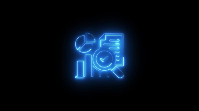 Business data analysis neon set with bar chart pie chart magnifying glass and document on black background for finance and statistics concepts