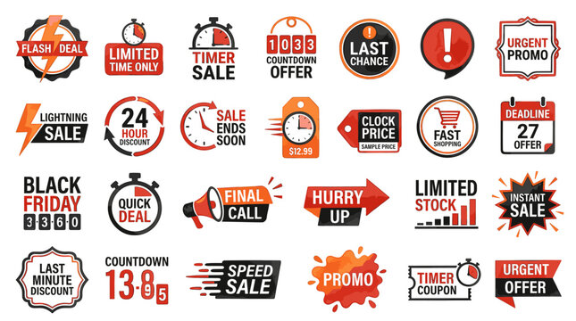 Flash sale sticker collection with countdown timers, urgent offer badges, Black Friday labels, lightning signs and limited stock tags for retail ads.