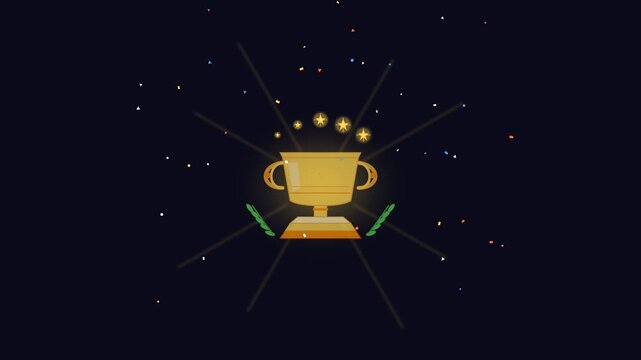 Golden trophy cup with glowing stars and confetti on black background. 4K Video