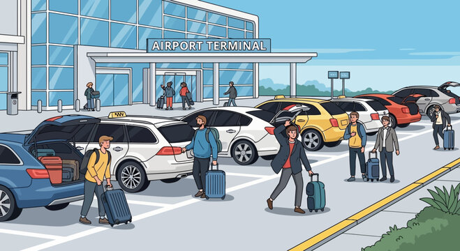 People loading luggage into cars at airport terminal entrance, travel concept