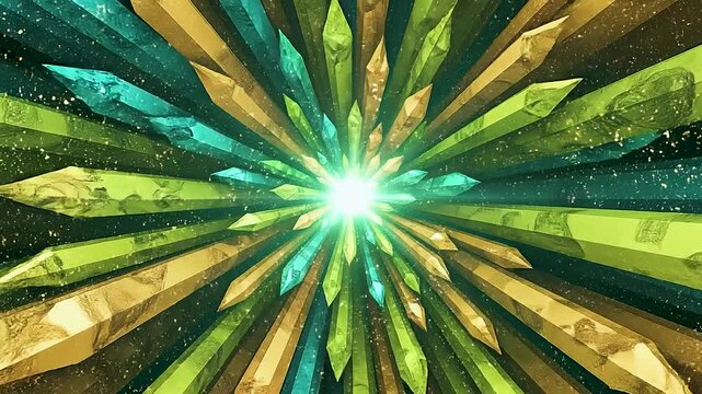 Dynamic crystal explosion and burst of light, glowing energy core with shards expanding outwards.