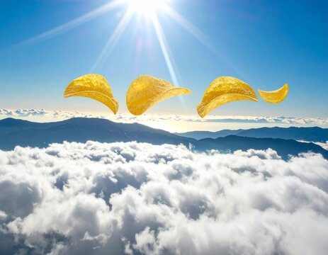 A surreal, conceptual image featuring golden potato chips levitating in a bright blue sky over a sea of white clouds with mountain peaks in the distance.