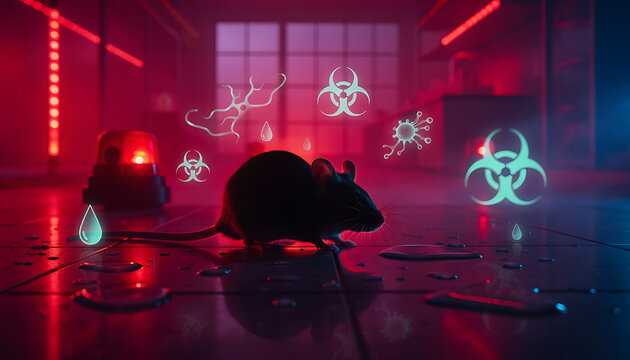 Rat surrounded by biohazard warning symbols in dark laboratory environment representing hantavirus outbreak and rodent borne infectious disease