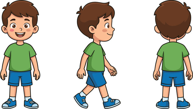 
Cute Cartoon Boy Character Front Side Back View Full Body Pose Vector Illustration Sheet
