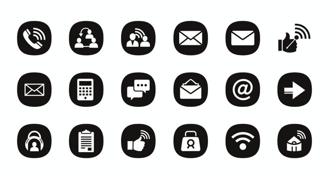Collection of monochrome circular icons representing common UI actions and tools for interface design.