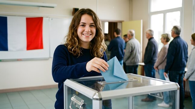 Young woman smiling while casting her vote into a ballot box at a polling station with a French flag in the background.