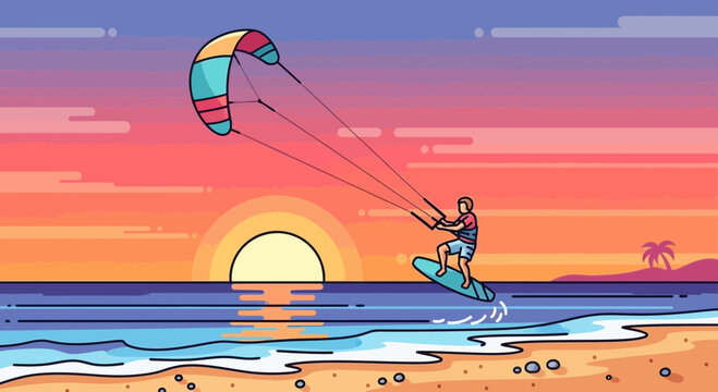 Kitesurfer riding wave at sunset, pixel art style, vibrant colors, ocean beach landscape